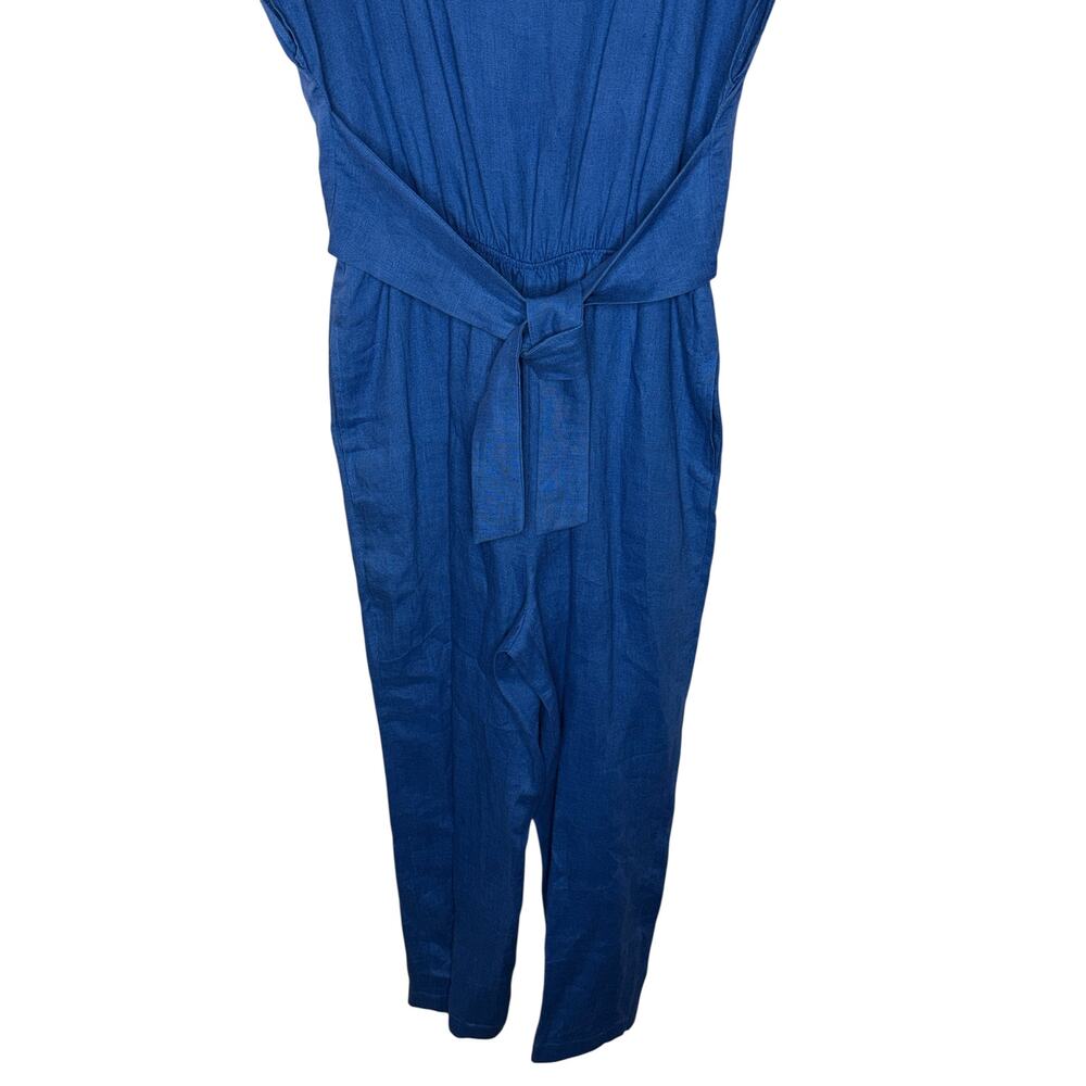 Aqua Women's Blue Tie Waist Linen Jumpsuit Cropped Straight Leg Size Large - Picture 4 of 11